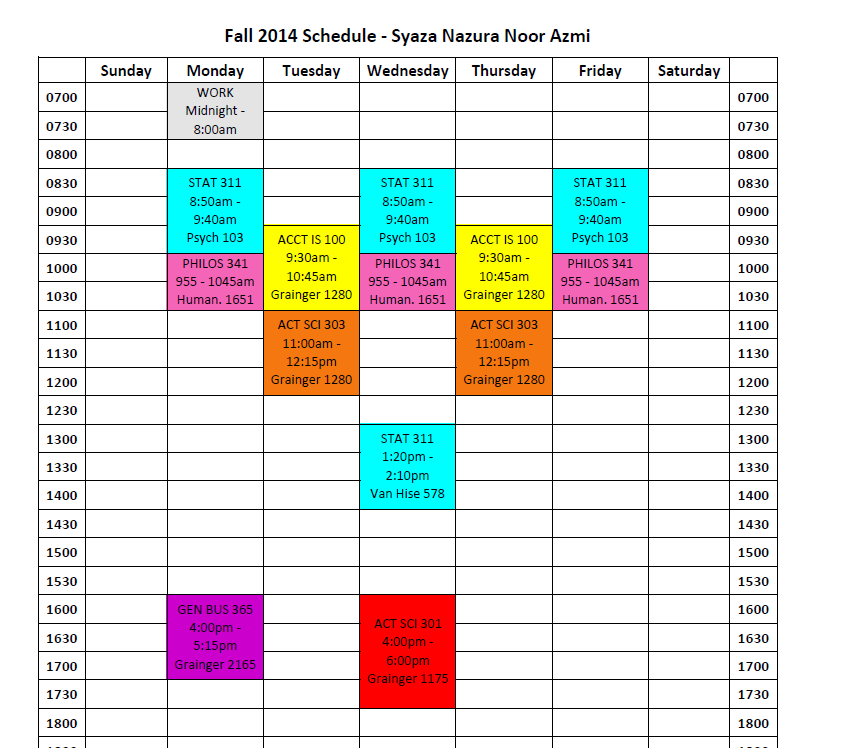 Syaza Nazura Fall 2014 schedule