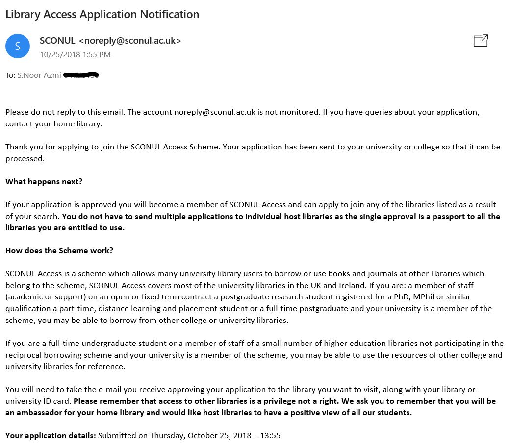SCONUL Access Scheme Application Notification