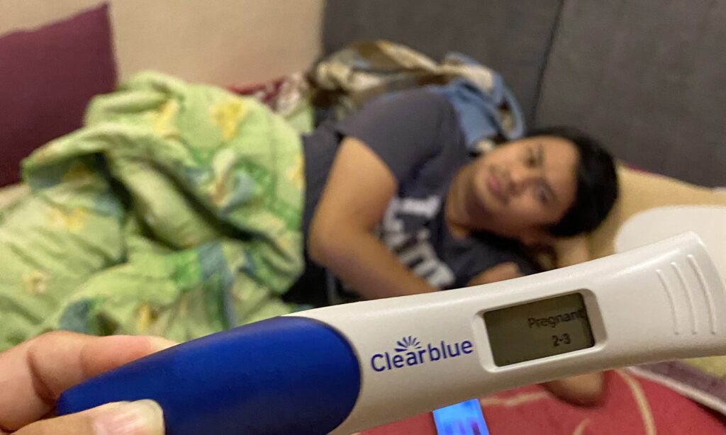 Our pregnancy journey highlight - the double line, or in this case, the "Pregnant, 2-3 weeks" sign!